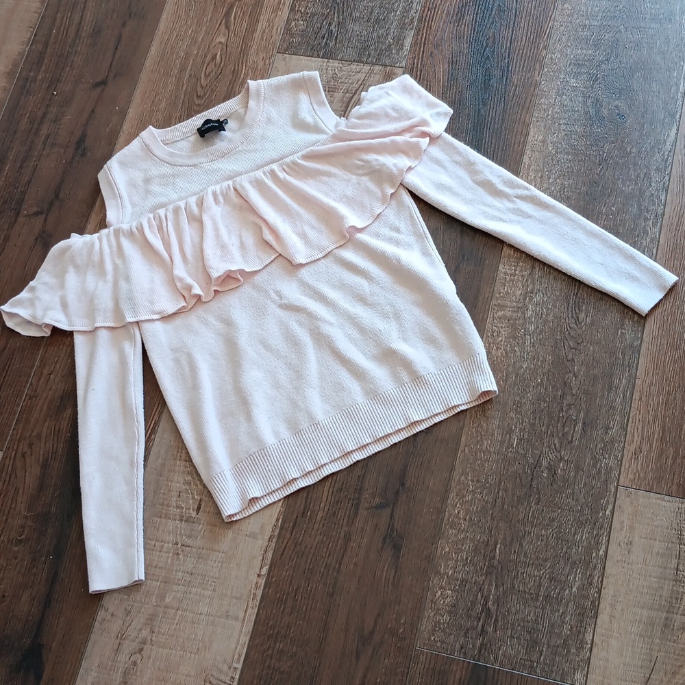Ruffled cold shoulder sweater